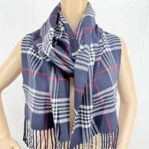 Made in Scotland Cashmere Navy Blue White Red Fringe Scarf 13.5 x 68”